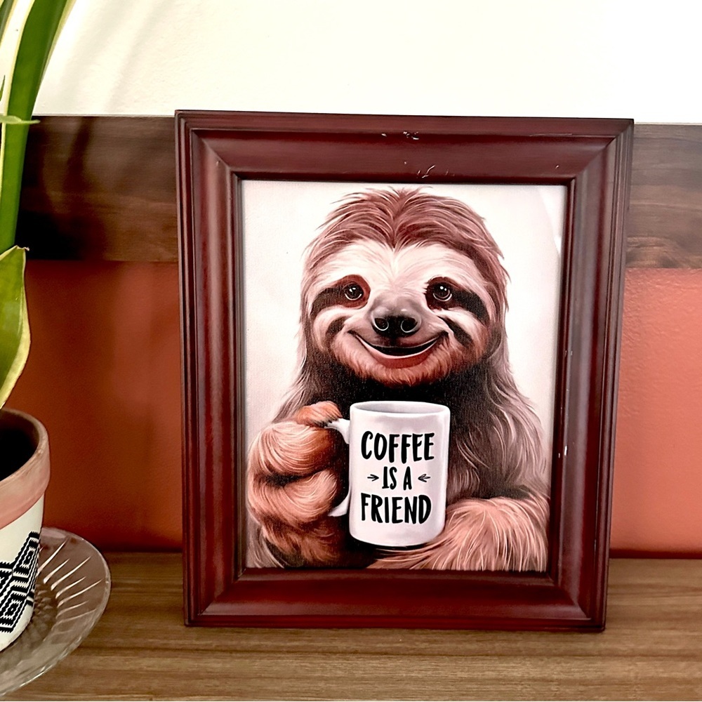 Sloth Coffee is a Friend Adorable Animal Kitchen Cafe Canvas Art Print Framed